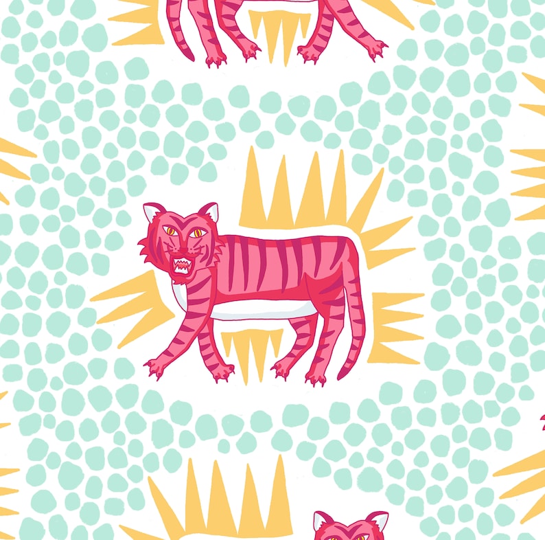 May include: A seamless pattern featuring pink tigers with black stripes, walking on a white background with a light blue and white polka dot pattern.  The tigers are surrounded by yellow sunbursts.