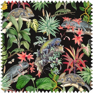 May include: A black background with a repeating pattern of green and red plants, and colorful lizards. The lizards are in various poses, some are climbing on branches, others are perched on leaves.