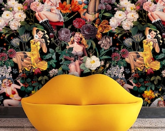 1950's Pin Up Girl Wallpaper, Peel & Stick and Traditional Wallpaper, Vintage Floral Wallpaper, Americana Wallpaper, Dressing Room Decor