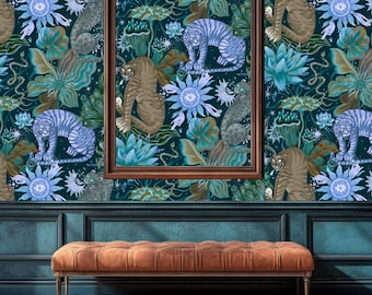 Tibetan Tiger Wallpaper, Peel Stick, Traditional Wallpaper, Jungle Wallpaper, Celestial Wallpaper, Maximalist Wallpaper, Removable Wallpaper
