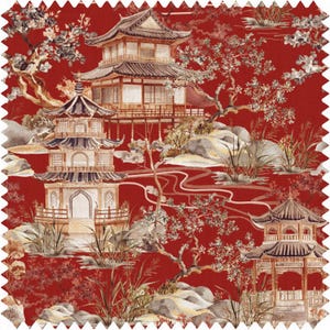 Chinoiserie Pagoda Fabric, Oriental Fabric, Chinese Fabric, Upholstery Fabric, Velvet Fabric | Material, Organic, Waterproof