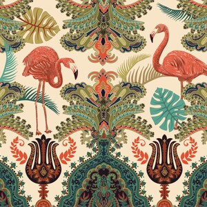 May include: A seamless pattern featuring pink flamingos, tropical leaves, and intricate paisley designs in shades of green, red, and blue on a cream background.