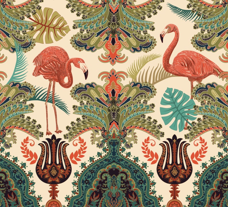 May include: A seamless pattern featuring pink flamingos, tropical leaves, and intricate paisley designs in shades of green, red, and blue on a cream background.