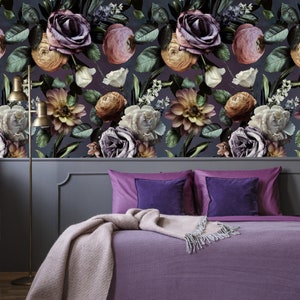 Carta da parati floreale Boho, carta da parati floreale scura, carta da parati stacca e incolla e carta da parati tradizionale, murale personalizzato per camera da letto con peonia/rosa