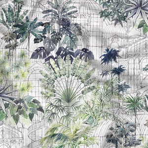 The Palm House at Kew Fabric, Botanical Fabric, Victorian Greenhouse Fabric, Tropical Palm Tree Fabric, Material, Organic | Waterproof