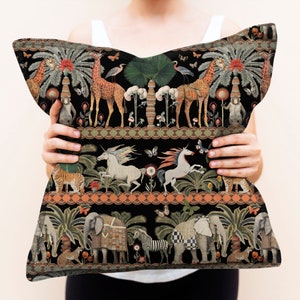 May include: A black throw pillow with a colorful, whimsical pattern featuring animals, plants, and geometric designs. The pattern includes giraffes, unicorns, elephants, tigers, and palm trees.