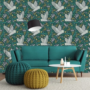 Morris Owl Wallpaper, Peel & Stick and Traditional Wallpaper, William Morris Style Bat Wallpaper, Art Nouveau Wallpaper, Removable Wallpaper
