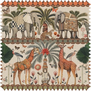 May include: A colorful fabric design featuring a jungle scene with elephants, giraffes, monkeys, and palm trees. The fabric has a cream background with brown, green, and orange accents.