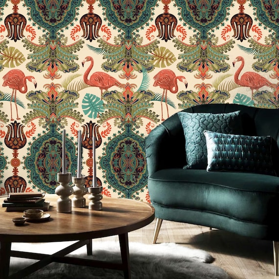 Damask Flamingo Wallpaper, Peel & Stick and Traditional Wallpaper, Boho Chic Wallpaper, Designer Wallpaper, Removable Wallpaper
