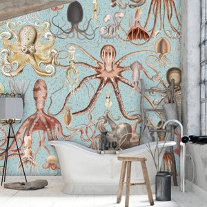Kopffüßer Wandbild, Oktopus Wandbild, Schälen & Aufkleben Tapete, Tapete für Badezimmer, Unterwasser Wandbild, Fisch Tapete, Designer Tapete