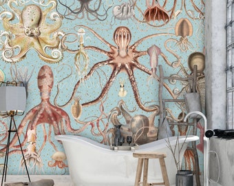 Kopffüßer Wandbild, Oktopus Wandbild, Schälen & Aufkleben Tapete, Tapete für Badezimmer, Unterwasser Wandbild, Fisch Tapete, Designer Tapete