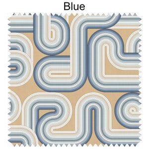May include: Blue and beige fabric with a geometric pattern of curved lines. The fabric has a subtle texture and a modern design.