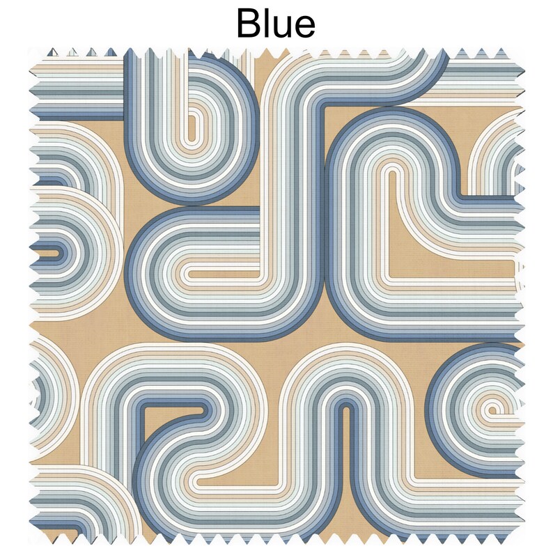May include: Blue and beige fabric with a geometric pattern of curved lines. The fabric has a subtle texture and a modern design.