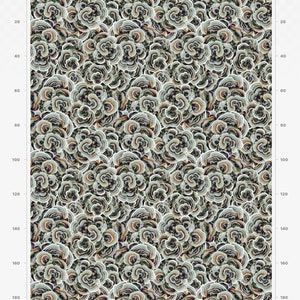 May include: A seamless pattern featuring a repeating design of stylized mushrooms in shades of green, brown, and white. The pattern is set against a dark background.