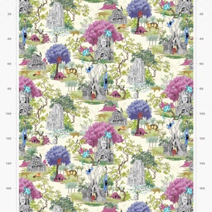 May include: A seamless pattern featuring a repeating design of a jungle scene with pink, purple, and blue trees, grey stone temples, and blue monkeys. The background is a light cream colour.