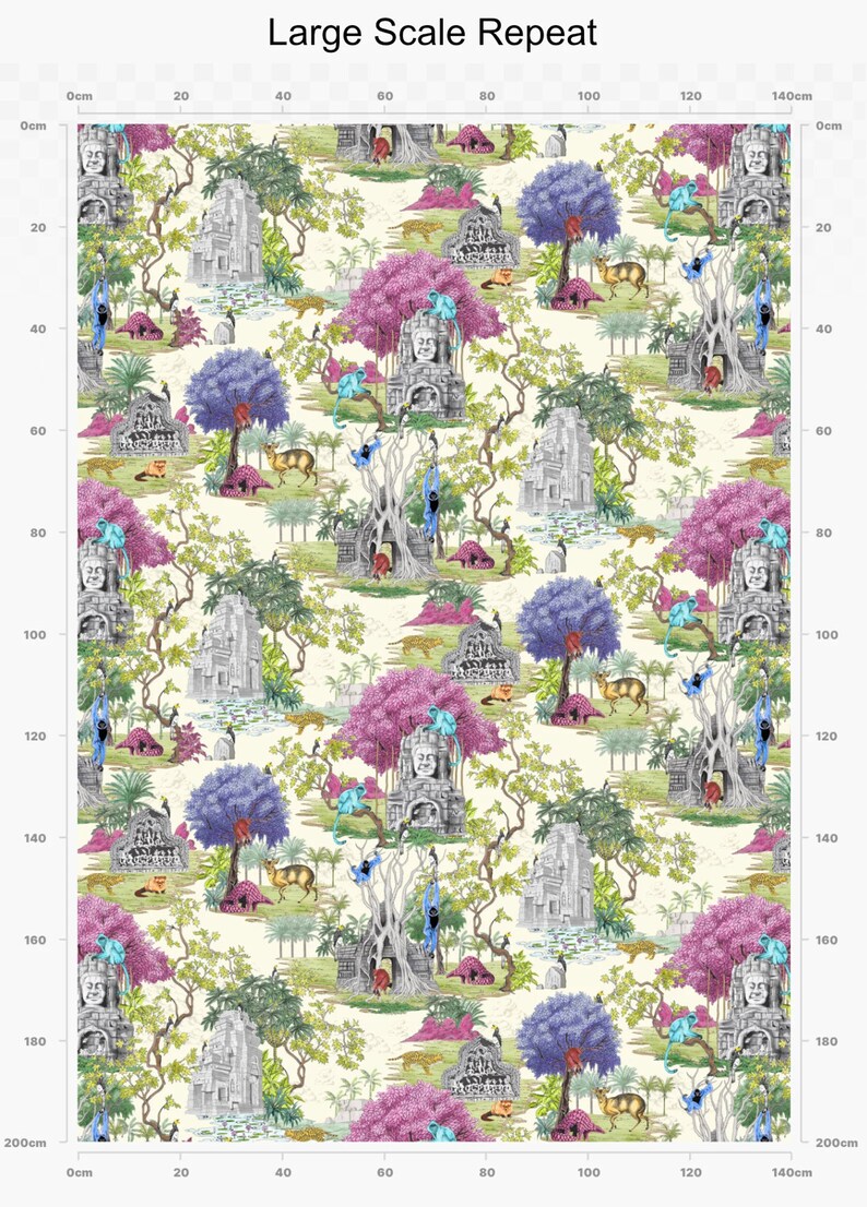 May include: A seamless pattern featuring a repeating design of a jungle scene with pink, purple, and blue trees, grey stone temples, and blue monkeys. The background is a light cream colour.