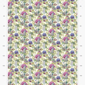 May include: A repeating pattern of a whimsical, illustrated design featuring trees, houses, and animals on a cream background. The design includes pink, blue, green, and grey colours.