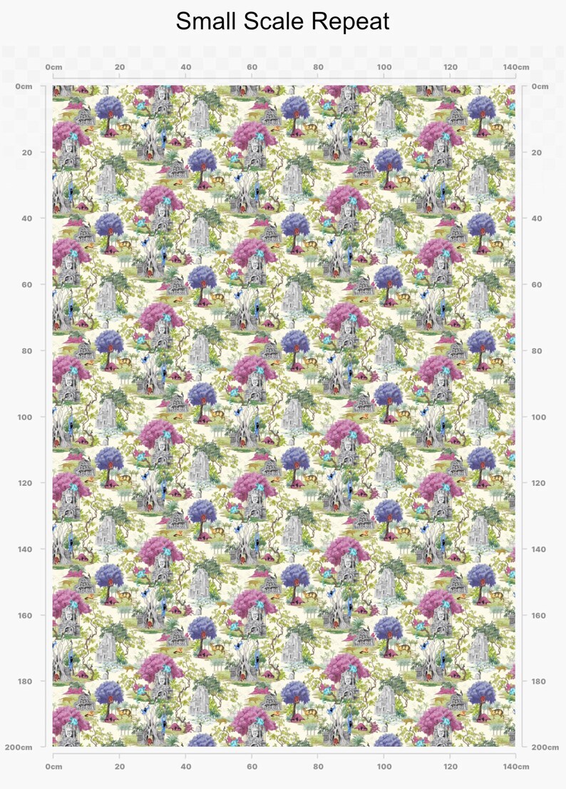 May include: A repeating pattern of a whimsical, illustrated design featuring trees, houses, and animals on a cream background. The design includes pink, blue, green, and grey colours.