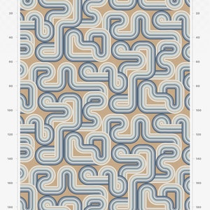 May include: A seamless pattern featuring a repeating design of overlapping curved lines in shades of blue, light blue, and beige. The pattern is set against a beige background.