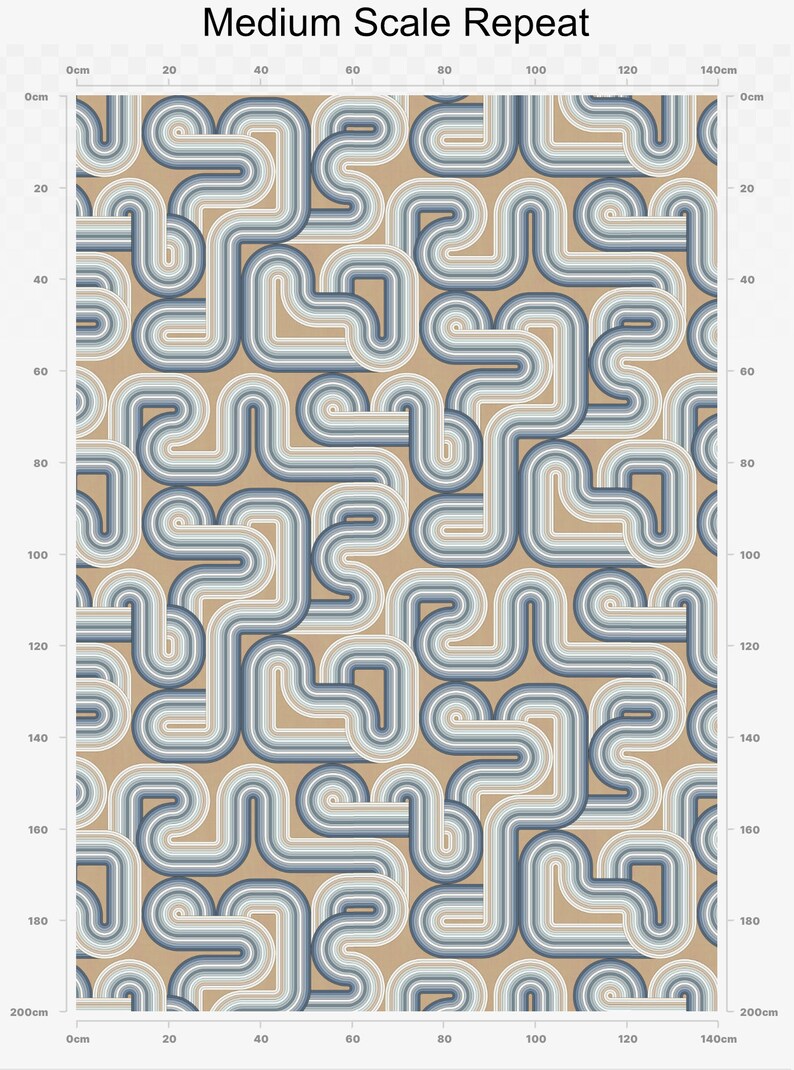 May include: A seamless pattern featuring a repeating design of overlapping curved lines in shades of blue, light blue, and beige. The pattern is set against a beige background.