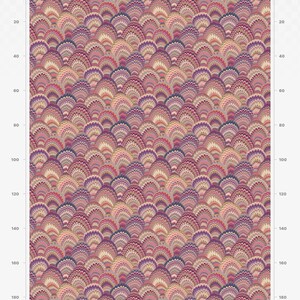 May include: A repeating pattern of colourful, overlapping, semi-circular shapes. The pattern is made up of shades of pink, red, purple, blue, and beige. The pattern is 200 cm by 140 cm.