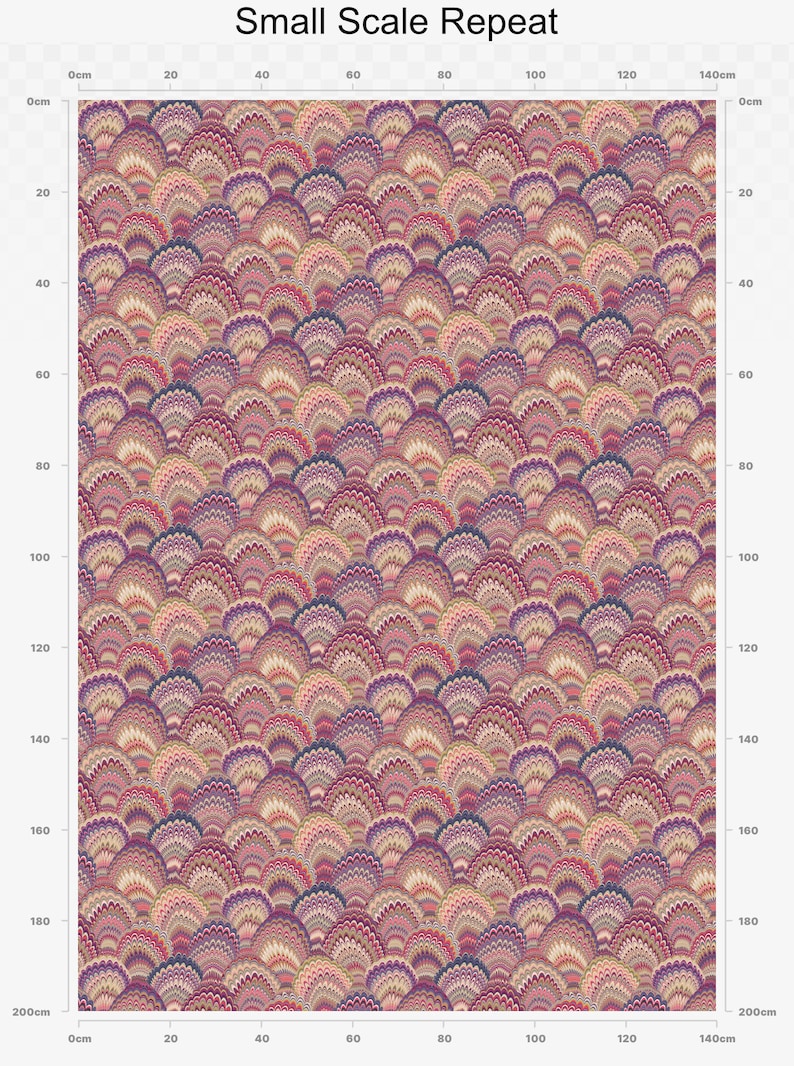 May include: A repeating pattern of colourful, overlapping, semi-circular shapes. The pattern is made up of shades of pink, red, purple, blue, and beige. The pattern is 200 cm by 140 cm.