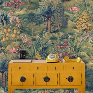 Tropischer Indianer Tiger Tapete Wandbild, Abziehen und Aufkleben und Traditionelle Tapete, Flamingo Tapete, Dschungel | Pfau Schlafzimmer Wandbild