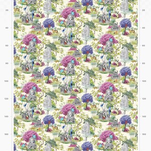 May include: A repeating pattern featuring a whimsical jungle scene with pink, purple, and blue trees, grey stone structures, and small animals. The background is a light cream colour.
