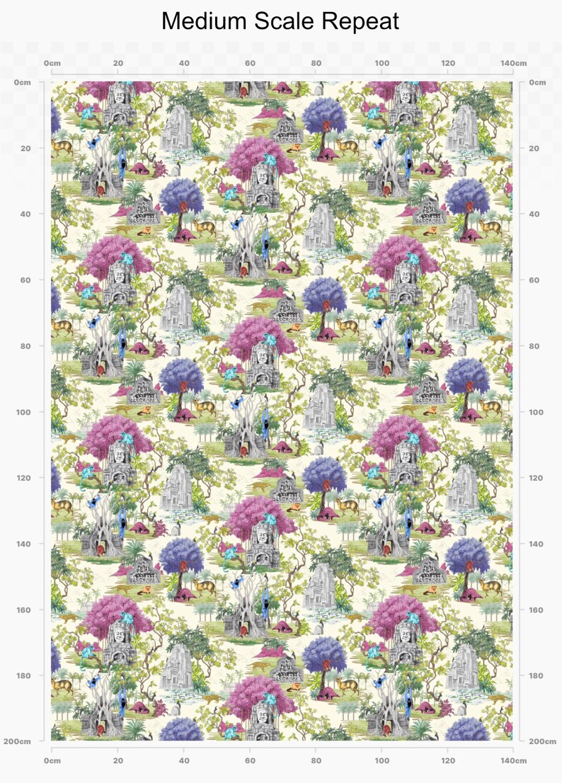 May include: A repeating pattern featuring a whimsical jungle scene with pink, purple, and blue trees, grey stone structures, and small animals. The background is a light cream colour.