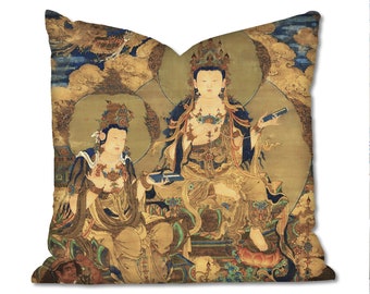 Buddha Cushion Cover, Vintage Religious Cushion, Oriental Design Pillow, Organic Cotton Cushion, Reversible Cushion, Suede Pillow