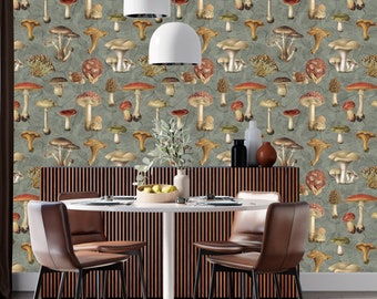 Botanical Mushroom Wallpaper Mural, Peel & Stick and Traditional Wallpaper, Fungi Wallpaper, Designer Kitchen Mural, Removable Wallpaper