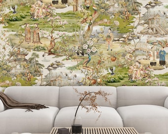 Chinoiserie Wallpaper, Peel & Stick and Traditional Wallpaper, Oriental Wallpaper, Vintage, Floral, Pagoda, Bird, Designer Wallpaper