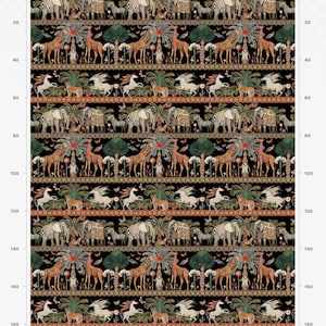 May include: A black and white repeating pattern featuring a variety of animals, including giraffes, elephants, zebras, and unicorns. The animals are arranged in a horizontal line, with a green and orange border. The pattern is set against a black background.