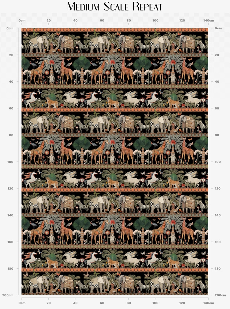 May include: A black and white repeating pattern featuring a variety of animals, including giraffes, elephants, zebras, and unicorns. The animals are arranged in a horizontal line, with a green and orange border. The pattern is set against a black background.