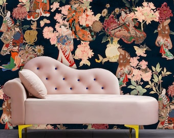 Ikigai Japanese Wallpaper, Peel & Stick Wallpaper, Geisha Wallpaper, Chinoiserie Wallpaper, Designer Oriental Wallpaper, Removable Wallpaper