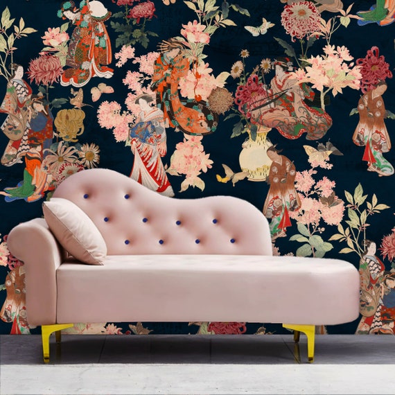 Ikigai Japanese Wallpaper, Peel & Stick Wallpaper, Geisha Wallpaper, Chinoiserie Wallpaper, Designer Oriental Wallpaper, Removable Wallpaper