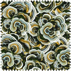 May include: A seamless pattern featuring a close-up of a cluster of colorful mushrooms with a white, blue, green, and yellow color scheme.