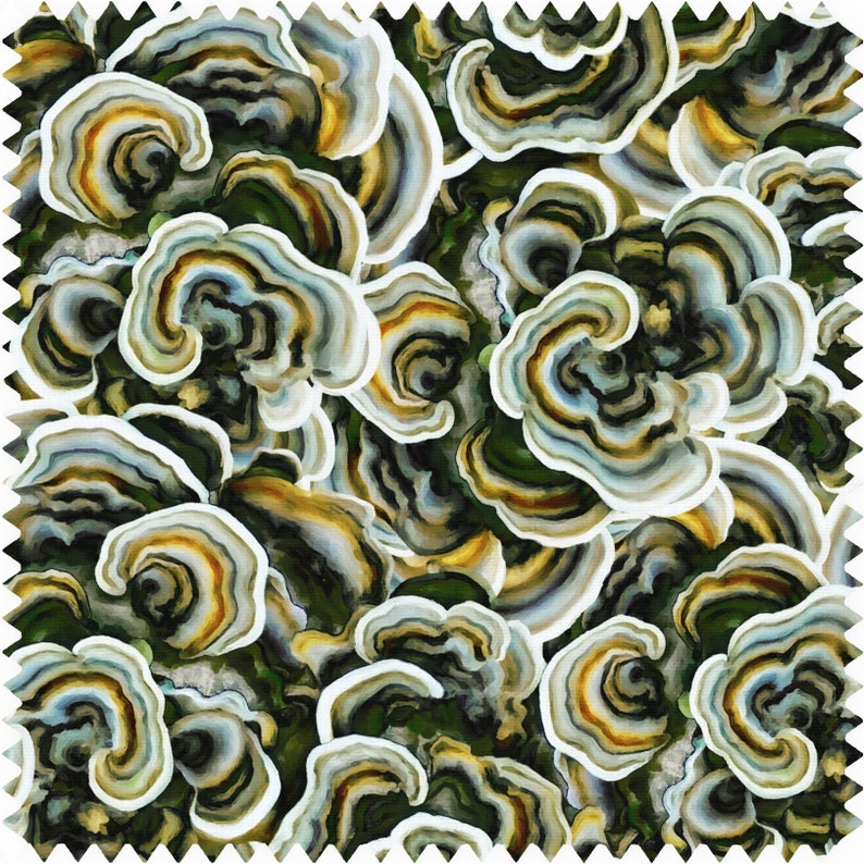 May include: A seamless pattern featuring a close-up of a cluster of colorful mushrooms with a white, blue, green, and yellow color scheme.