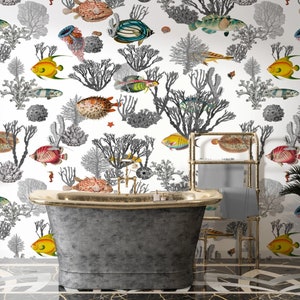 Aquatic Magic Mural, Peel & Stick and Traditional Wallpaper, Designer Bathroom Wallpaper, Underwater Mural, Fish Wallpaper, Coral Wallpaper