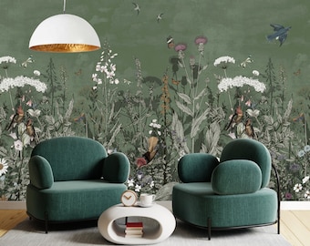 Wildflower Paradise Mural, Peel & Stick and Traditional Wallpaper, Custom Size Mural, Floral Mural, Bird Wallpaper, Designer Wallpaper