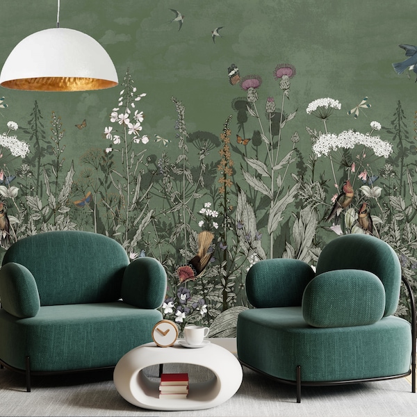 Wildflower Paradise Mural, Peel & Stick and Traditional Wallpaper, Custom Size Mural, Floral Mural, Bird Wallpaper, Designer Wallpaper