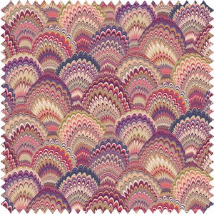 May include: A colourful fabric with a repeating pattern of overlapping, swirling, and concentric circles in shades of pink, purple, blue, and cream.
