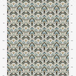 May include: A repeating pattern design with a large scale repeat. The design features a stylized floral motif in shades of blue, beige, black, and gold. The text "Large Scale Repeat" is at the top.