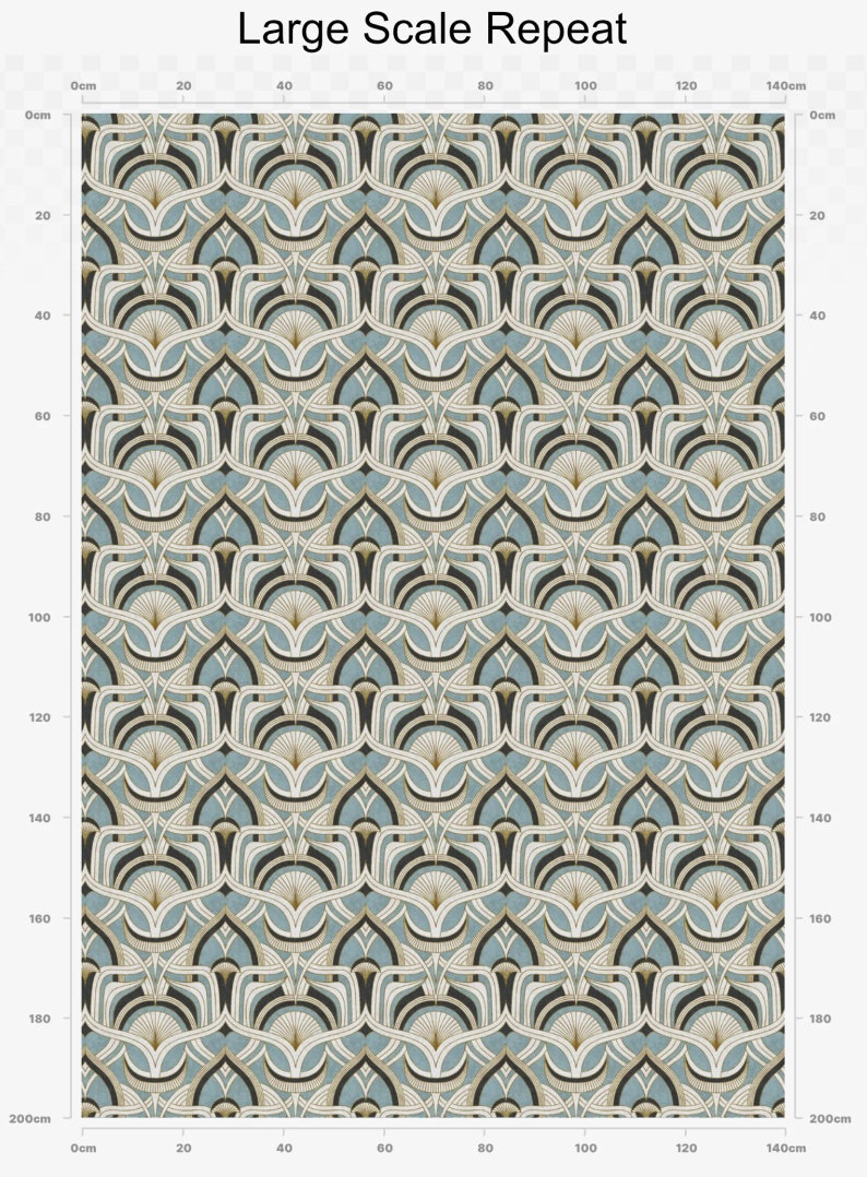 May include: A repeating pattern design with a large scale repeat. The design features a stylized floral motif in shades of blue, beige, black, and gold. The text "Large Scale Repeat" is at the top.