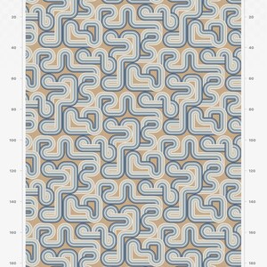 May include: A seamless pattern featuring a repeating design of overlapping curved lines in shades of blue and beige. The pattern is set against a beige background.