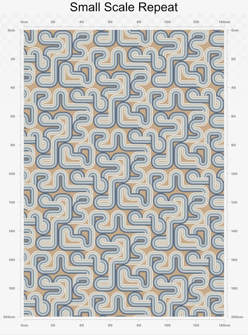 May include: A seamless pattern featuring a repeating design of overlapping curved lines in shades of blue and beige. The pattern is set against a beige background.