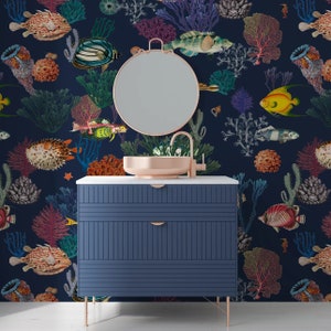 Aquatic Magic Mural, Peel & Stick and Traditional Wallpaper, Designer Bathroom Wallpaper, Underwater Mural, Fish Wallpaper, Coral Wallpaper