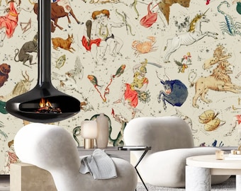 Zodiac Celestial Wallpaper, Peel & Stick and Traditional Wallpaper, Mythology Wallpaper, Astrology Astronomy Wallpaper, Maximalist Wallpaper