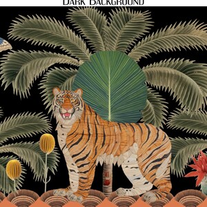 May include: A tiger stands in a jungle setting with palm trees and other foliage. The tiger is orange and black with white stripes. The background is black.