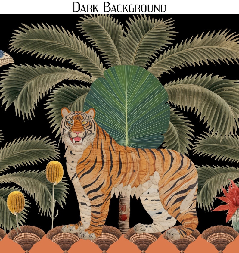 May include: A tiger stands in a jungle setting with palm trees and other foliage. The tiger is orange and black with white stripes. The background is black.
